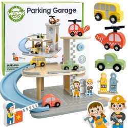 WOOPIE GREEN Wooden Parking Garage 2 in 1 Gas Station with Cars and Figures 12 pcs FSC