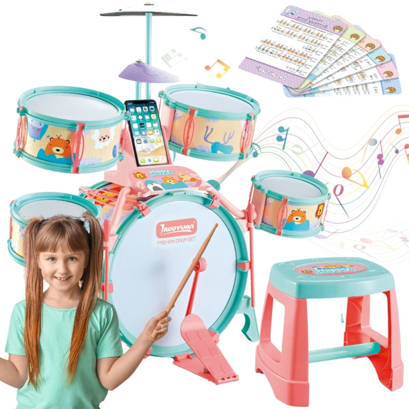 WOOPIE Educational Percussion for Children 5 Drums 1 Cymbal + Animal-Themed Stool