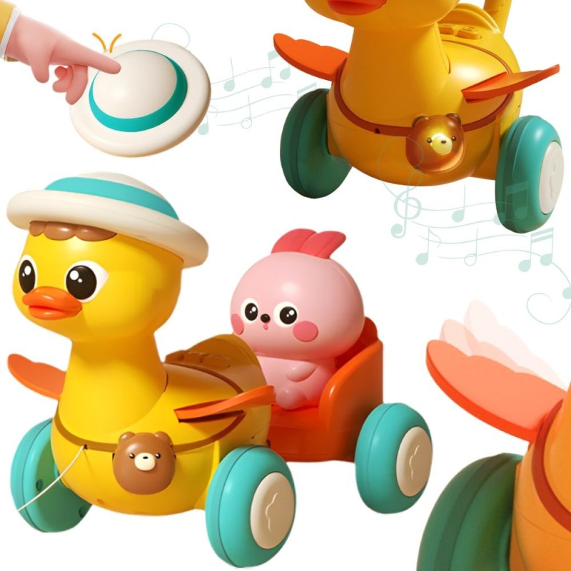 WOOPIE BABY Yellow Duck with Pink Bunny in Pull-Along Trailer