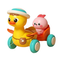 WOOPIE BABY Yellow Duck with Pink Bunny in Pull-Along Trailer