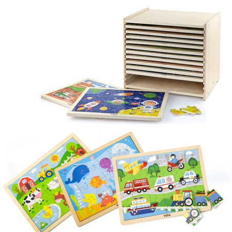 Viga Wooden Puzzle Set 12 puzzles, 24 pieces each, on a stand