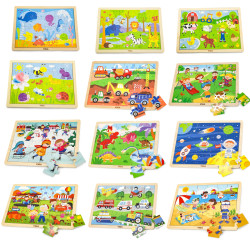Viga Wooden Puzzle Set 12 puzzles, 24 pieces each, on a stand