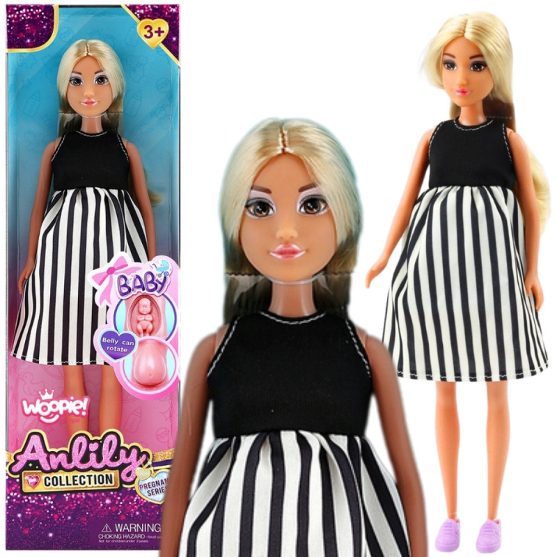 WOOPIE ROYAL Pregnant Lily Doll in Black and White Striped Dress