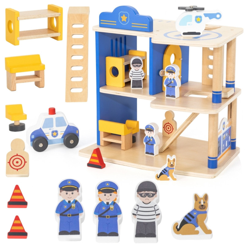 VIGA Wooden Police Station Police Car 3 levels 14 pieces