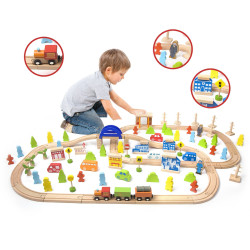 CLASSIC WORLD Set Railway Track Wooden Train + Figures 110 pcs.