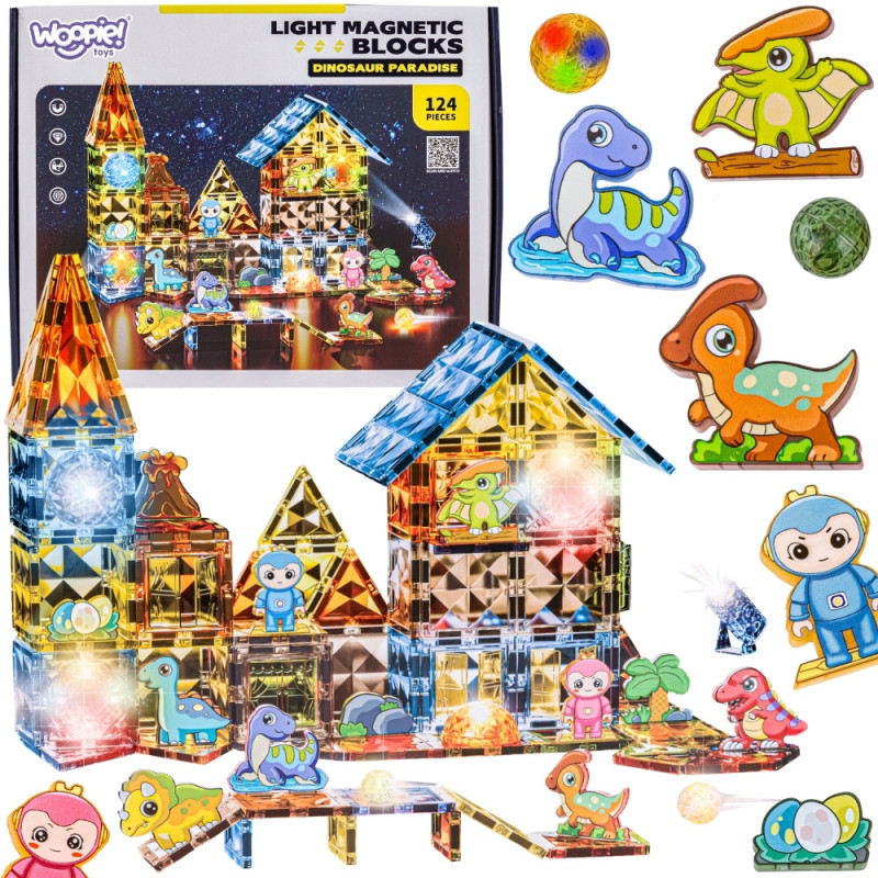 WOOPIE Magnetic Construction Blocks Glowing 3D Dinosaur Park 124pcs.