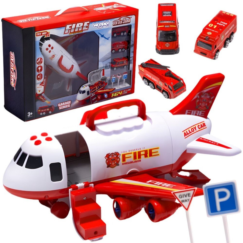 WOOPIE Foldable Plane Fire Department Transporter with 3 Fire Trucks XL Set Road Signs
