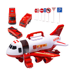 WOOPIE Foldable Plane Fire Department Transporter with 3 Fire Trucks XL Set Road Signs
